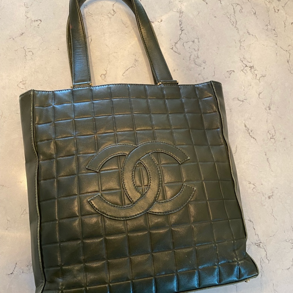 Vintage Chanel Olive Green Lambskin Quilted Tote Bag with CC Logo